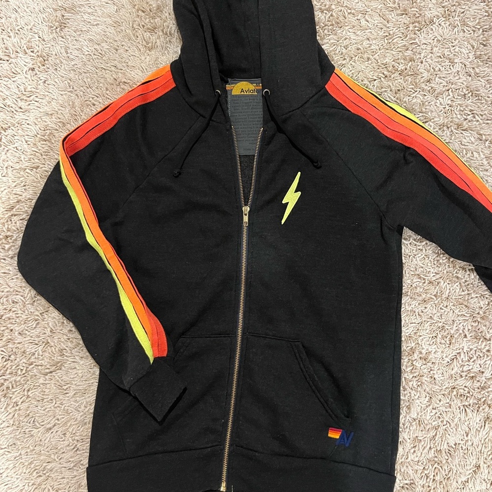 Aviator Nation Zip Up Hoodie- Black with Neon Stripe